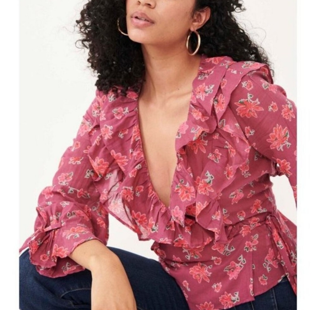 Free People Red Rose Long Leeve Wrap Top Size L